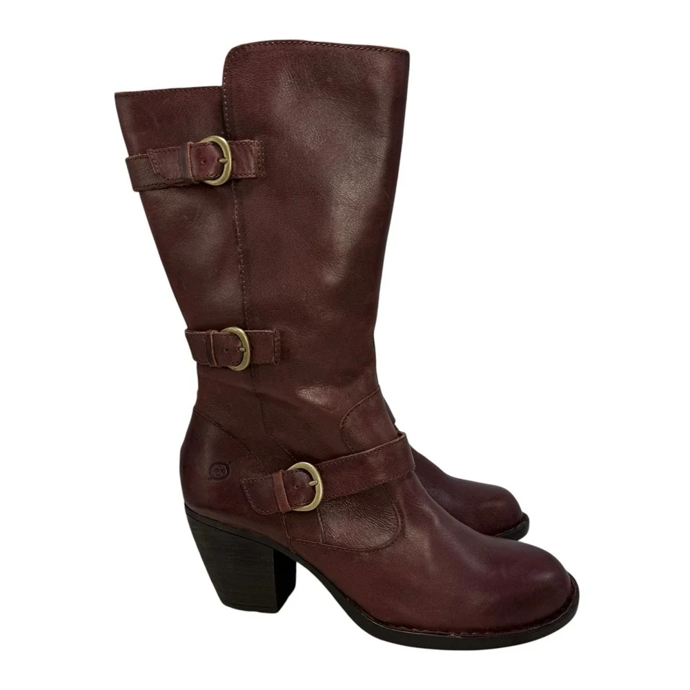Born Maleri Boots 9M Mid Calf With Buckles Brown Burgundy Leather Block Heel